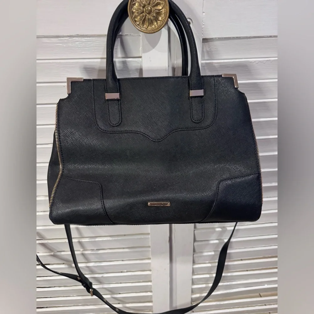 Rebecca Minkoff Black Saffiano Leather Satchel Crossbody Bag Gold Hardware